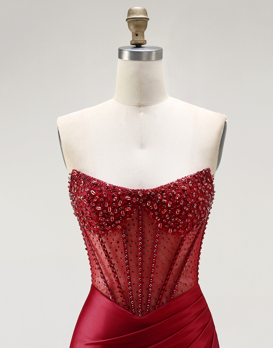 Sparkly Red Satin Beaded Mermaid Corset Long Prom Dress with Slit