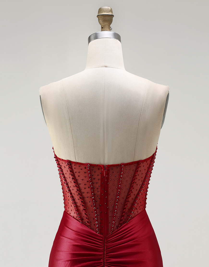 Sparkly Red Satin Beaded Mermaid Corset Long Prom Dress with Slit