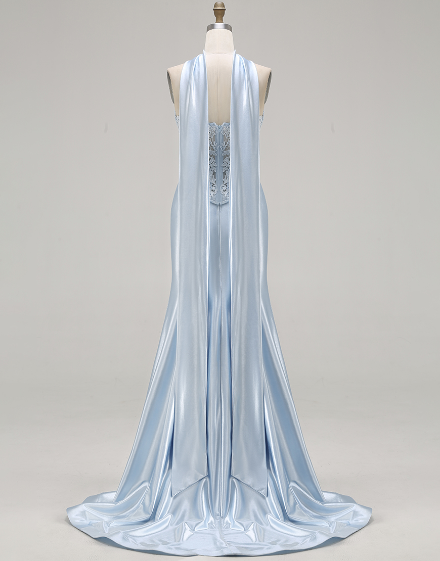 Blue Corset Satin Mermaid Sweetheart Long Prom Dress