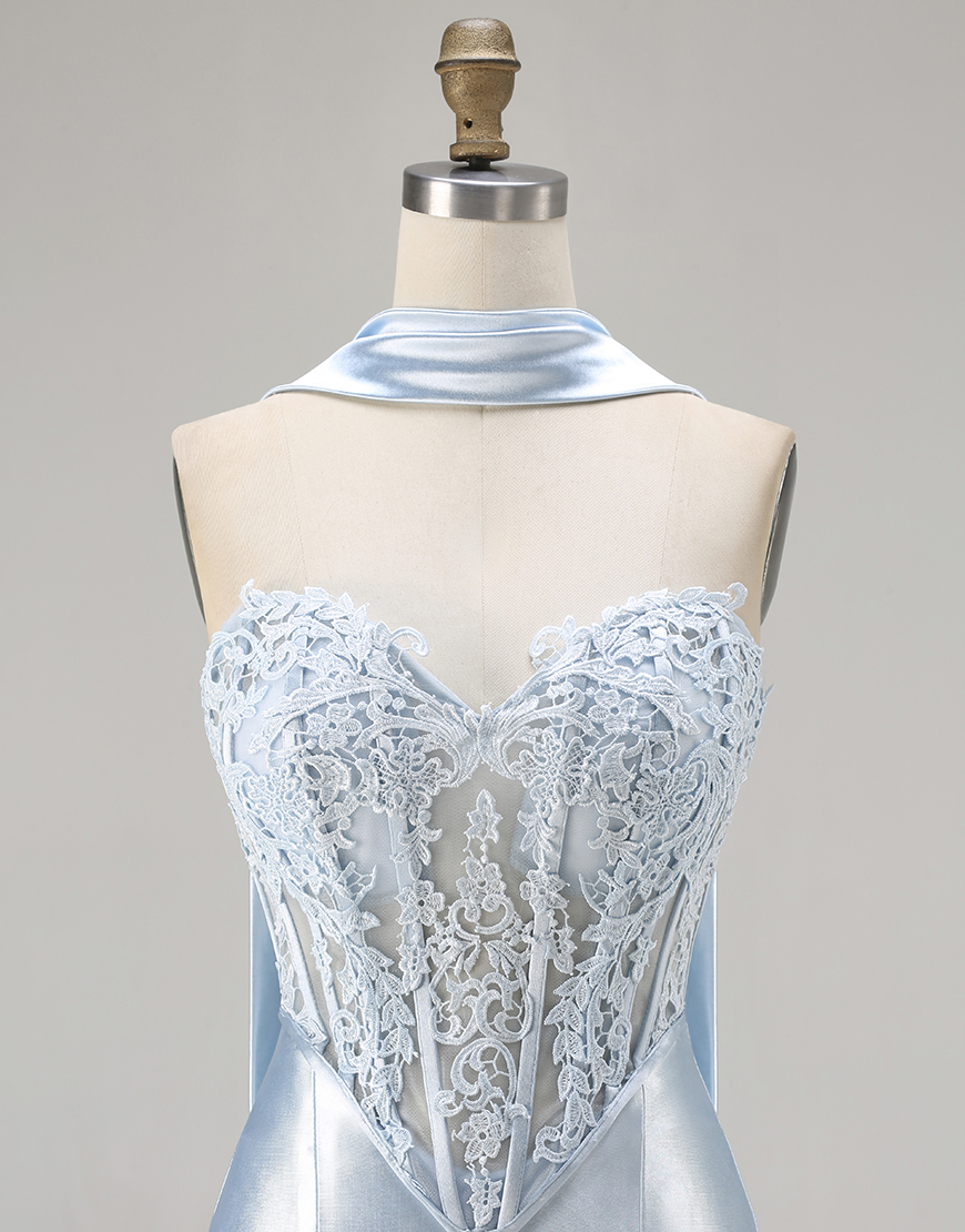 Blue Corset Satin Mermaid Sweetheart Long Prom Dress