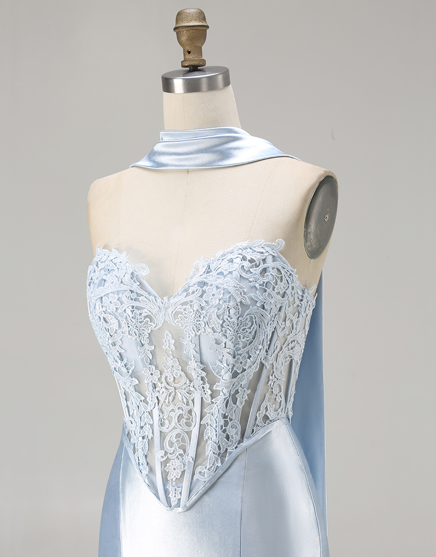 Blue Corset Satin Mermaid Sweetheart Long Prom Dress
