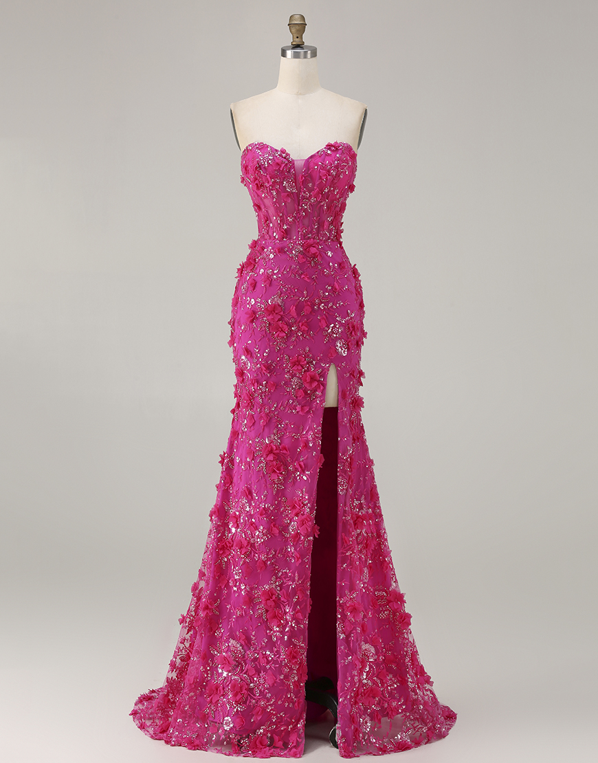 Sparkly Fuchsia Beaded Floral Mermaid Corset Long Prom Dress with Slit