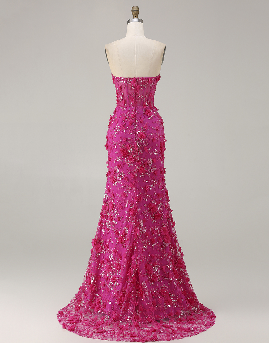 Sparkly Fuchsia Beaded Floral Mermaid Corset Long Prom Dress with Slit