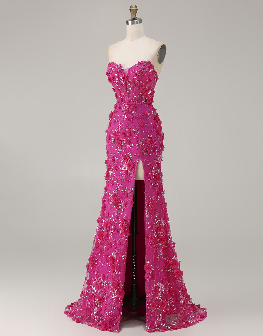 Sparkly Fuchsia Beaded Floral Mermaid Corset Long Prom Dress with Slit