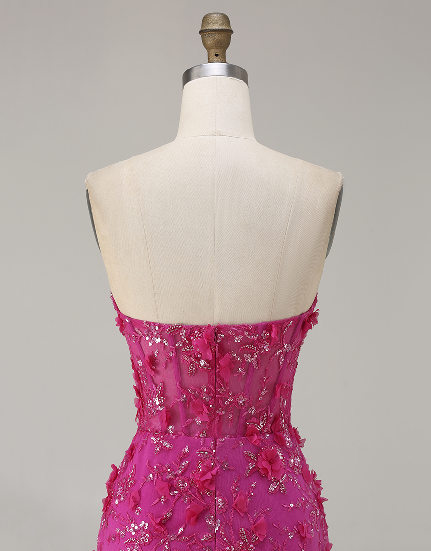 Sparkly Fuchsia Beaded Floral Mermaid Corset Long Prom Dress with Slit