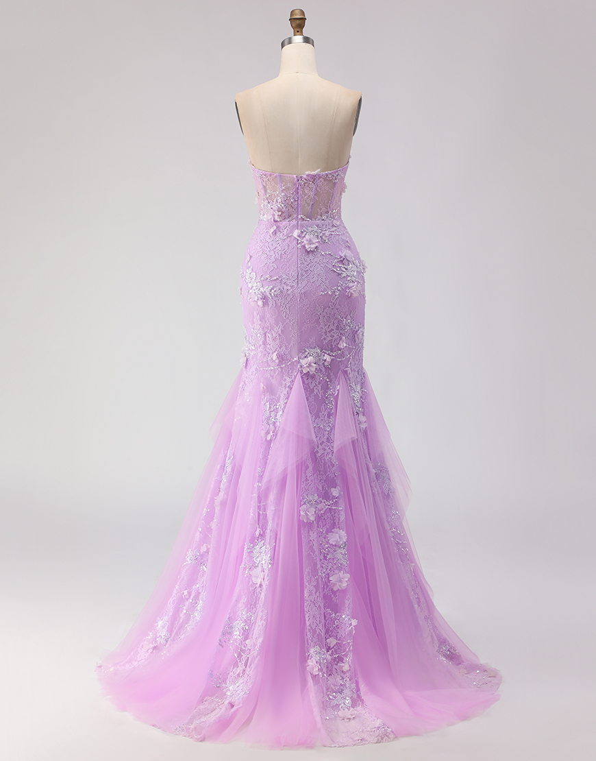 Purple Mermaid Corset Lace Tulle Floral Strapless Long Prom Dress