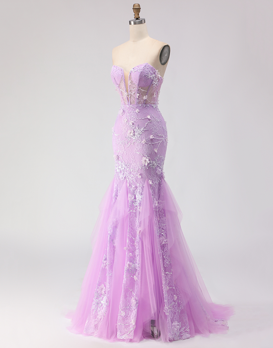 Purple Mermaid Corset Lace Tulle Floral Strapless Long Prom Dress