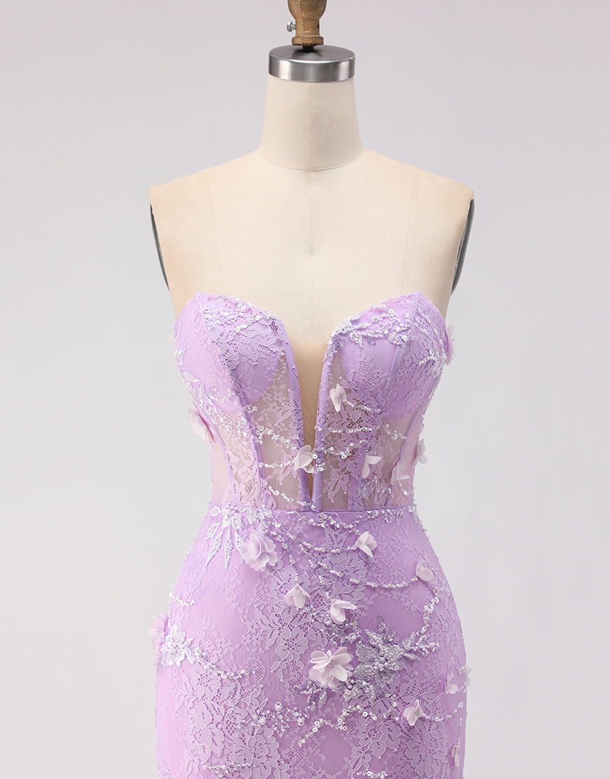 Purple Mermaid Corset Lace Tulle Floral Strapless Long Prom Dress