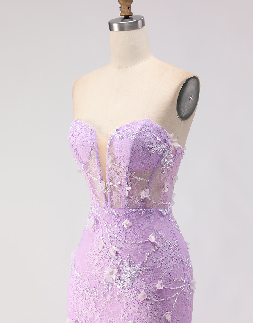 Purple Mermaid Corset Lace Tulle Floral Strapless Long Prom Dress