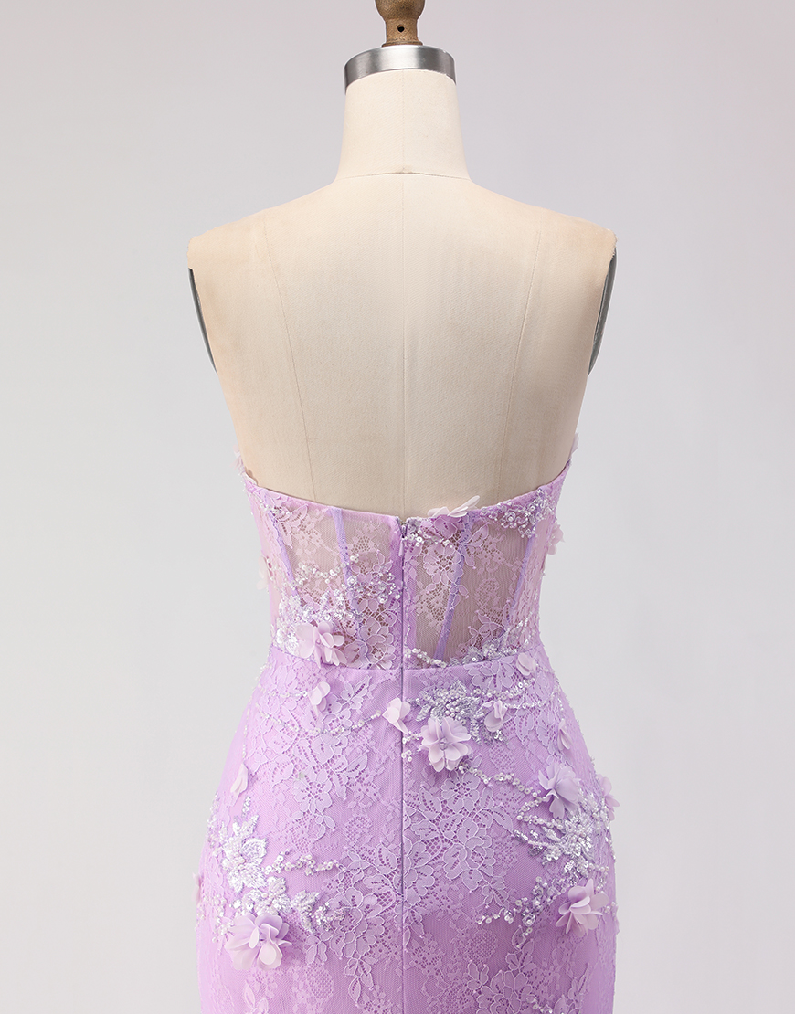 Purple Mermaid Corset Lace Tulle Floral Strapless Long Prom Dress