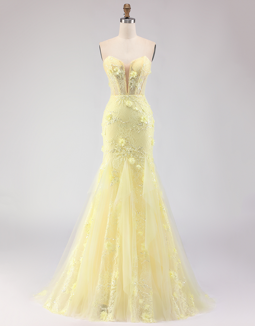 Yellow Corset Mermaid Tulle Strapless Floral Long Prom Dress with Lace