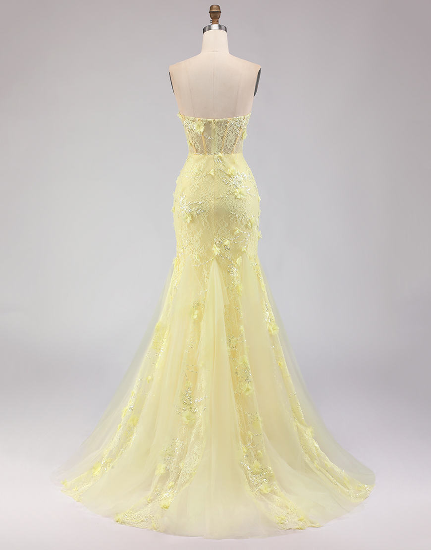 Yellow Corset Mermaid Tulle Strapless Floral Long Prom Dress with Lace