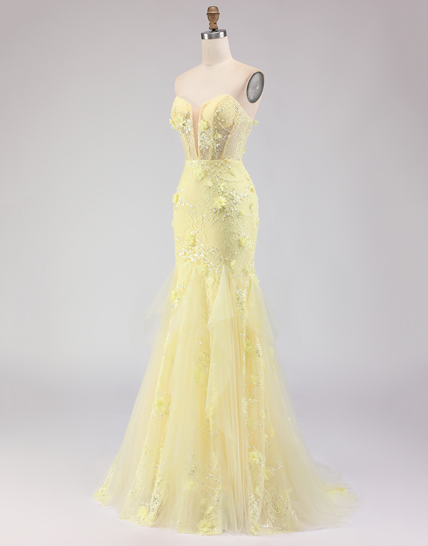 Purple Mermaid Corset Lace Tulle Floral Strapless Long Prom Dress