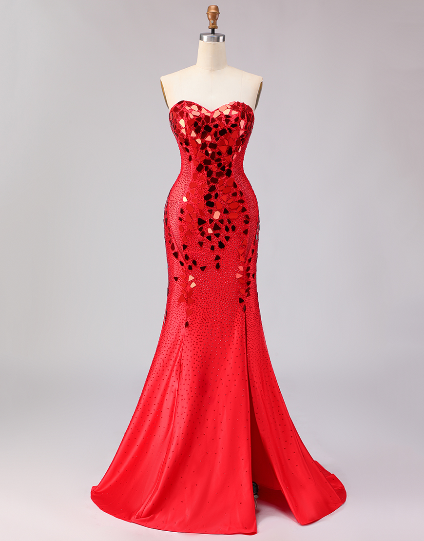 Sparkly Red Beaded Mermaid Mirror Sweetheart Long Prom Dress with Slit