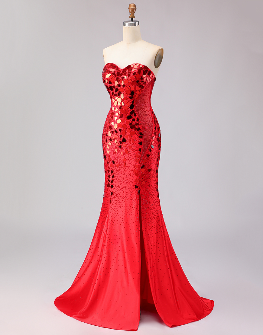 Sparkly Red Beaded Mermaid Mirror Sweetheart Long Prom Dress with Slit