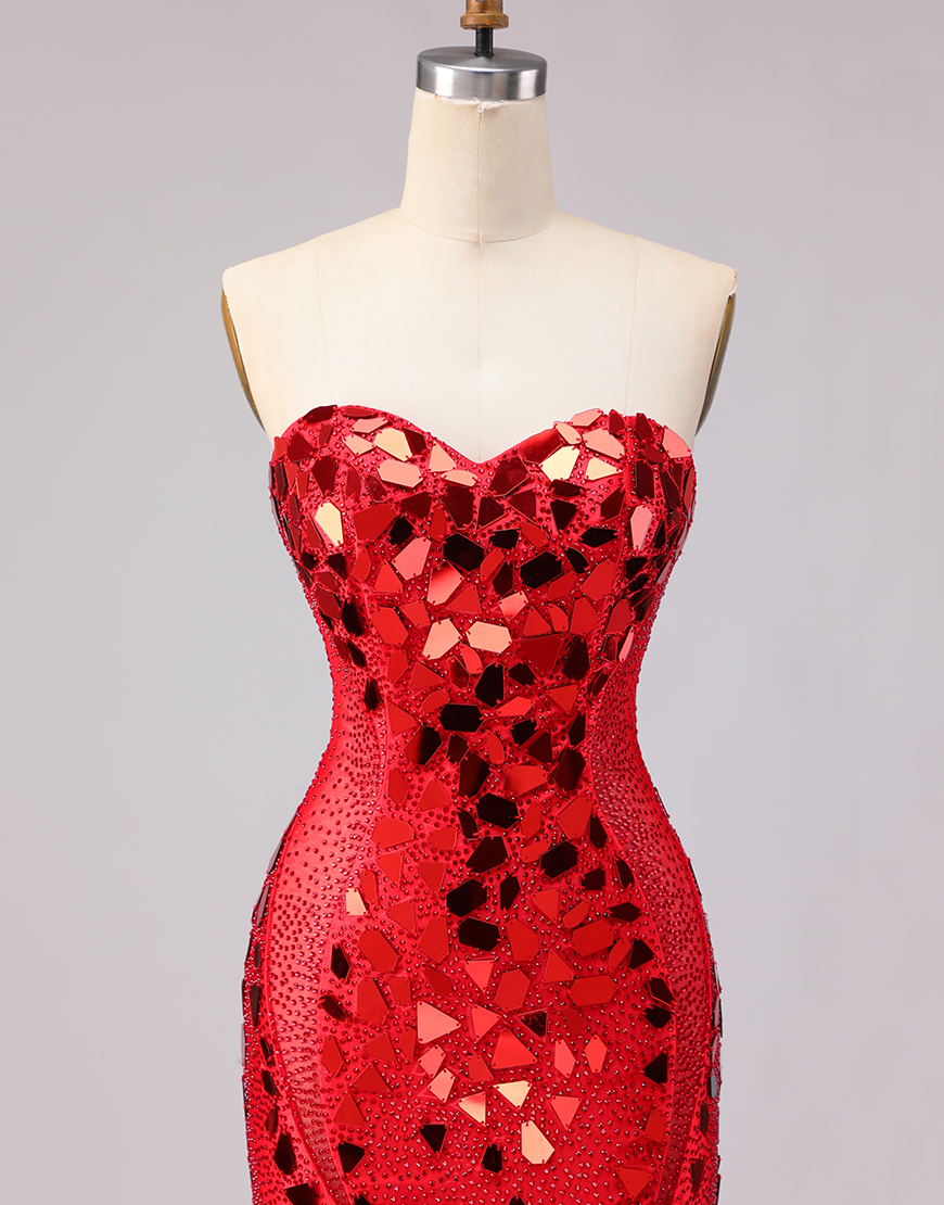 Sparkly Red Beaded Mermaid Mirror Sweetheart Long Prom Dress with Slit