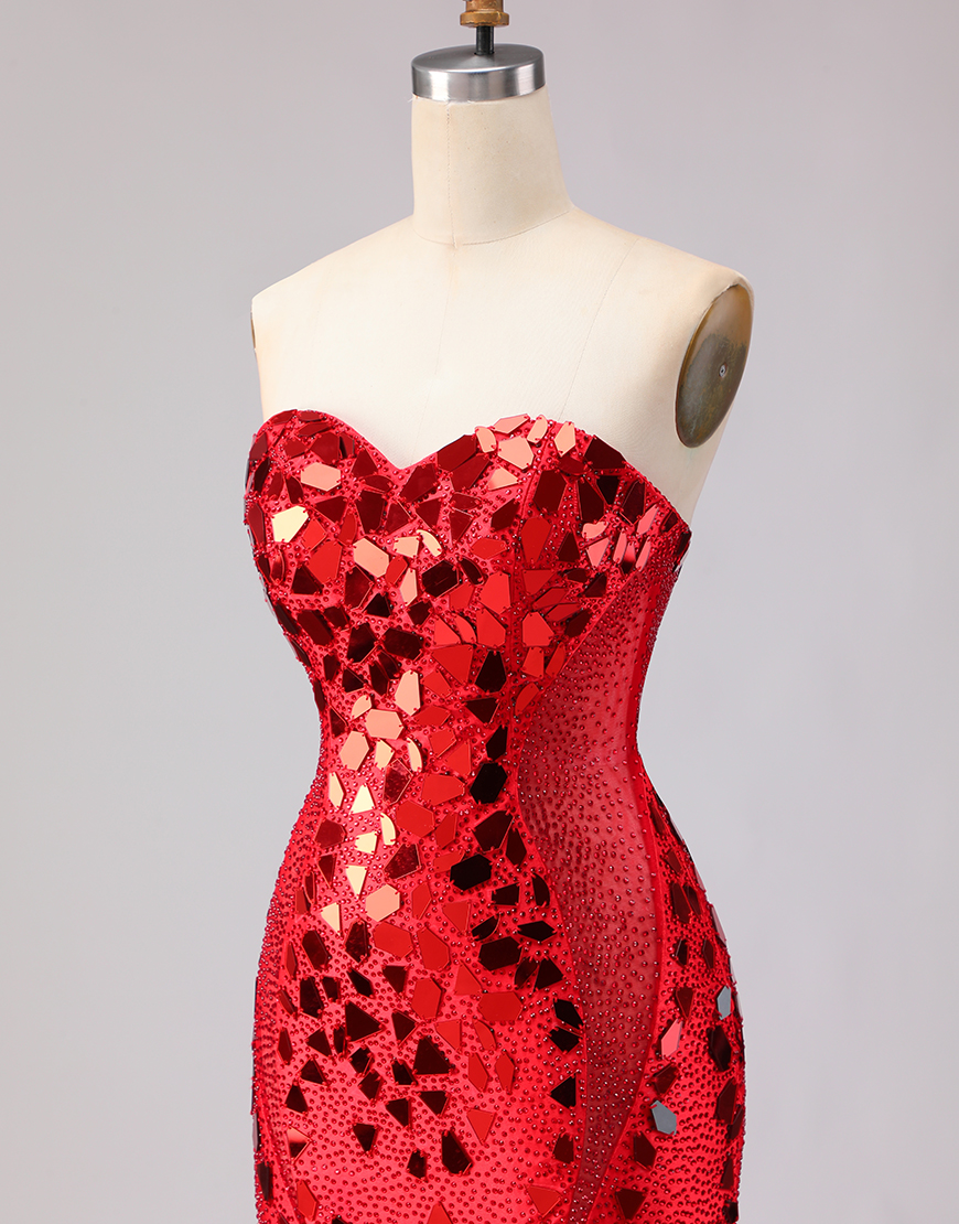 Sparkly Red Beaded Mermaid Mirror Sweetheart Long Prom Dress with Slit