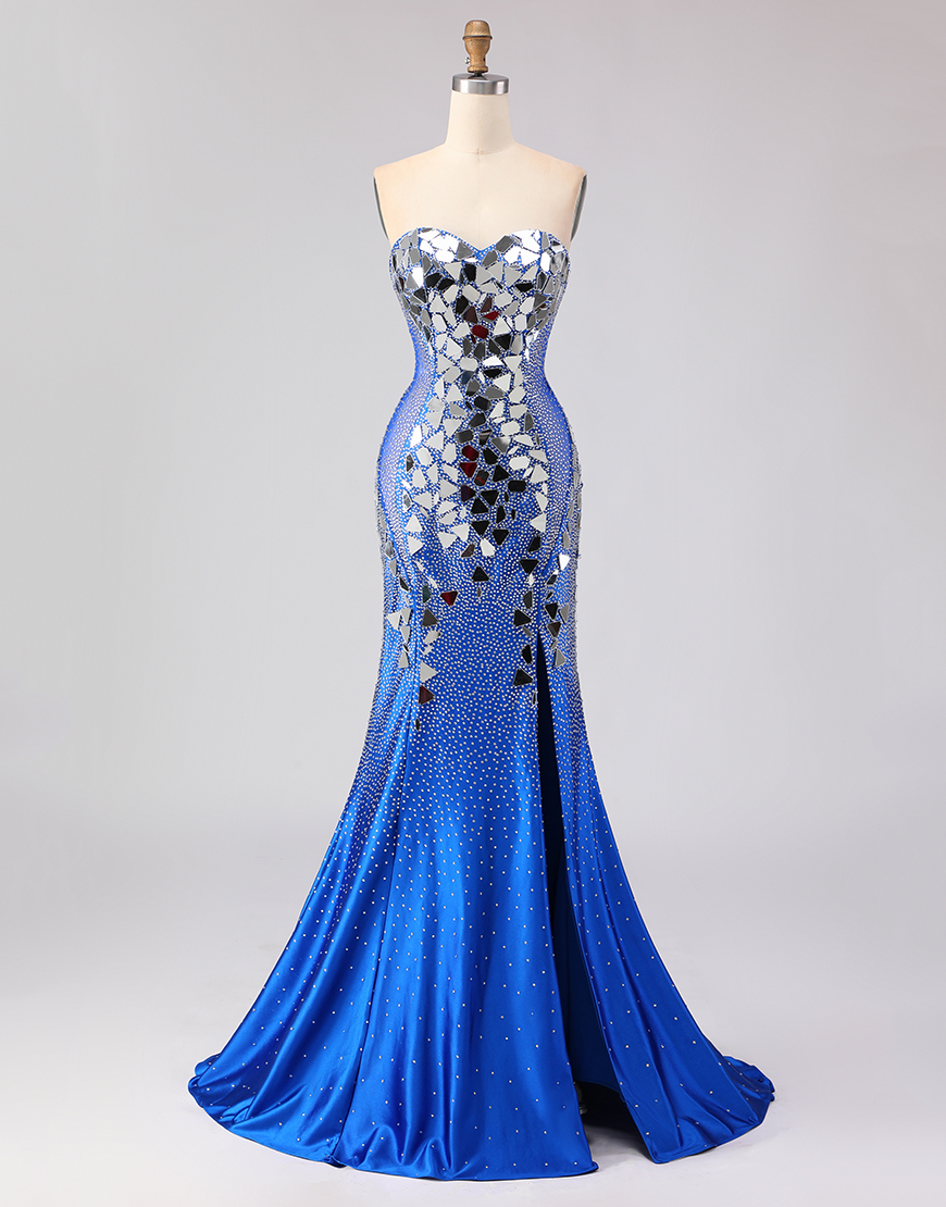 Sparkly Royal Blue Beaded Sweetheart Mirror Long Prom Dress with Slit