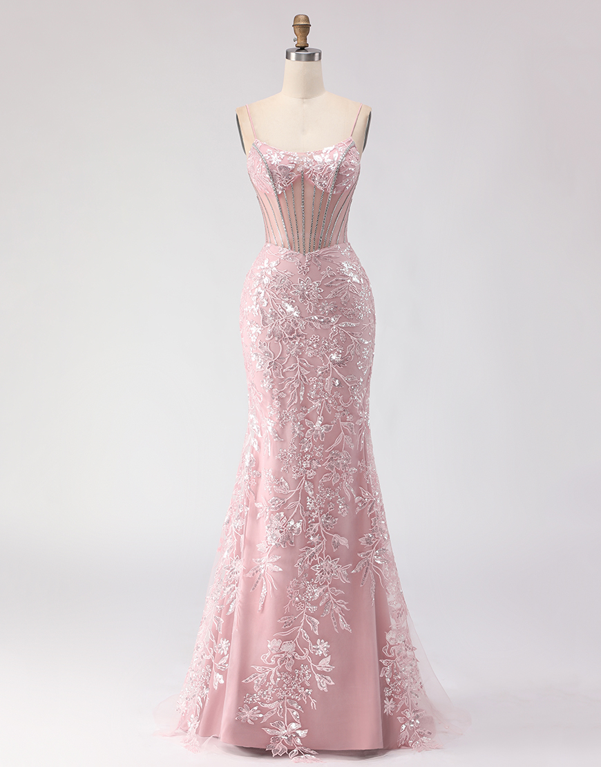 Berlinnova Women Sparkly Blush Long Corset Floral Prom Dress with Rhinestones Mermaid Lace Sequin Spaghetti Straps Pageant Dress