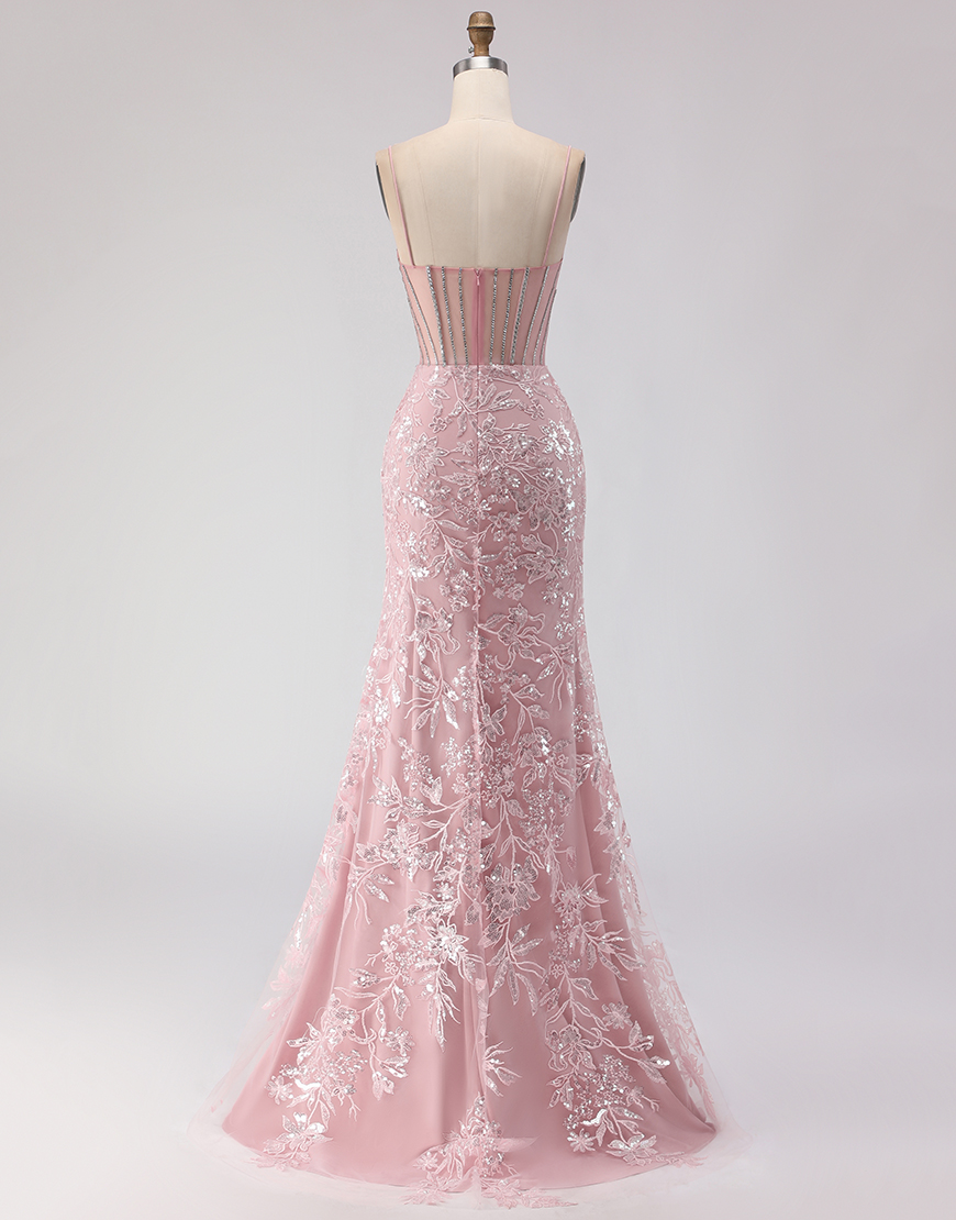 Sparkly Blush Corset Floral Sequin Lace Long Prom Dress with Rhinestone