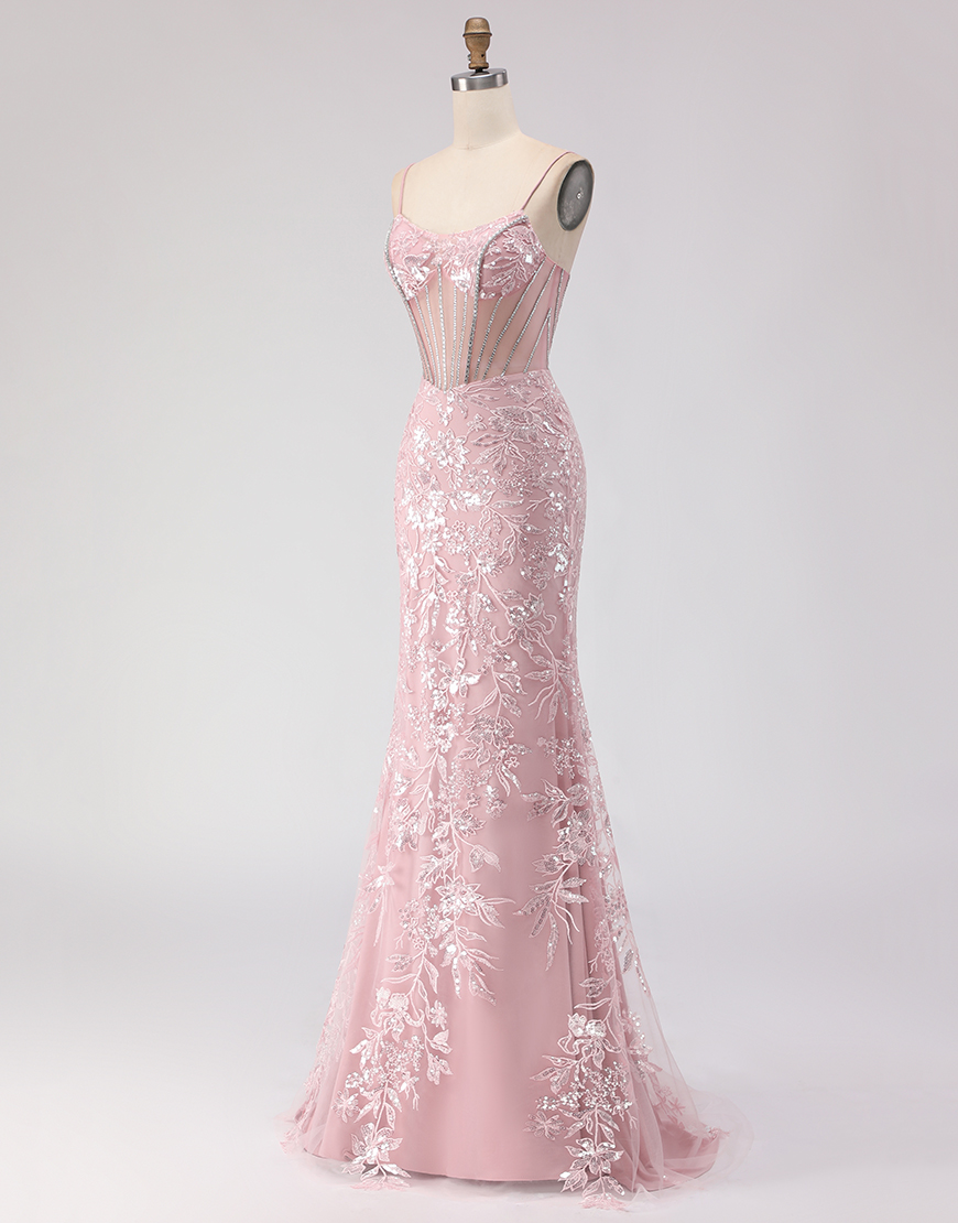 Sparkly Blush Corset Floral Sequin Lace Long Prom Dress with Rhinestone