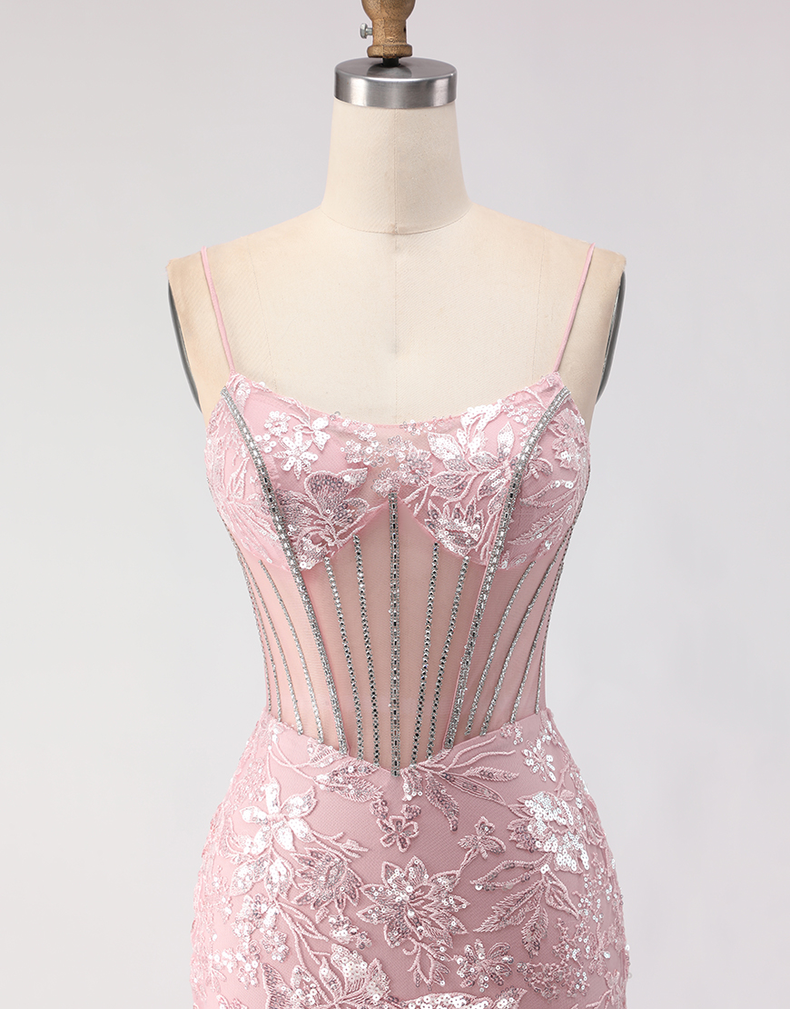 Sparkly Blush Corset Floral Sequin Lace Long Prom Dress with Rhinestone