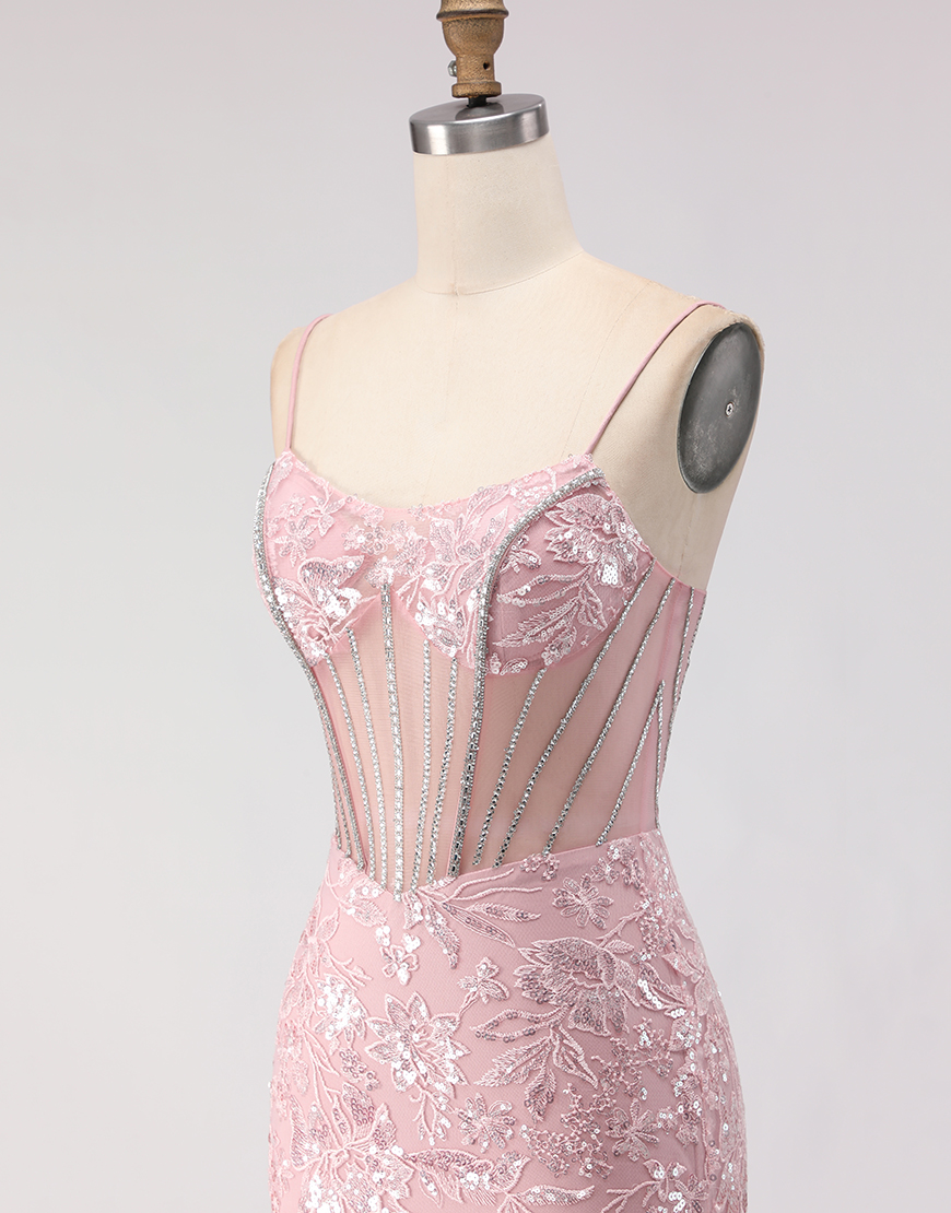 Sparkly Blush Corset Floral Sequin Lace Long Prom Dress with Rhinestone