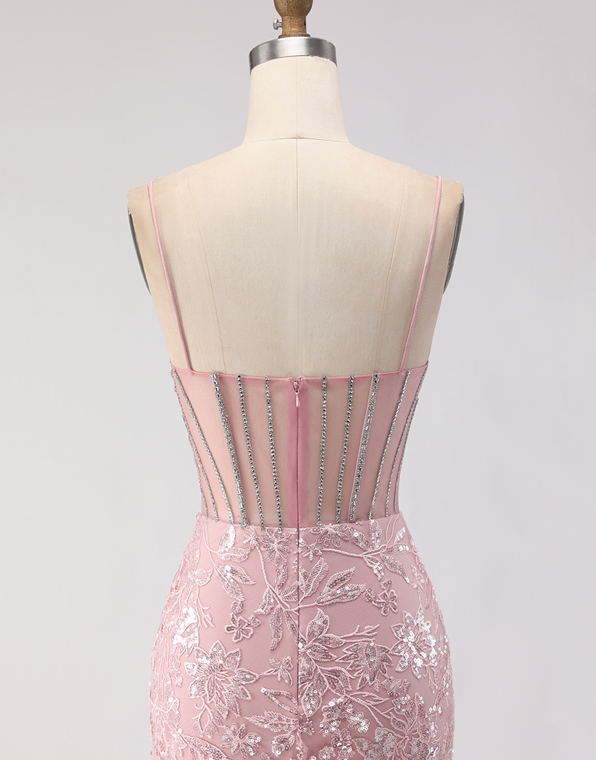 Sparkly Blush Corset Floral Sequin Lace Long Prom Dress with Rhinestone