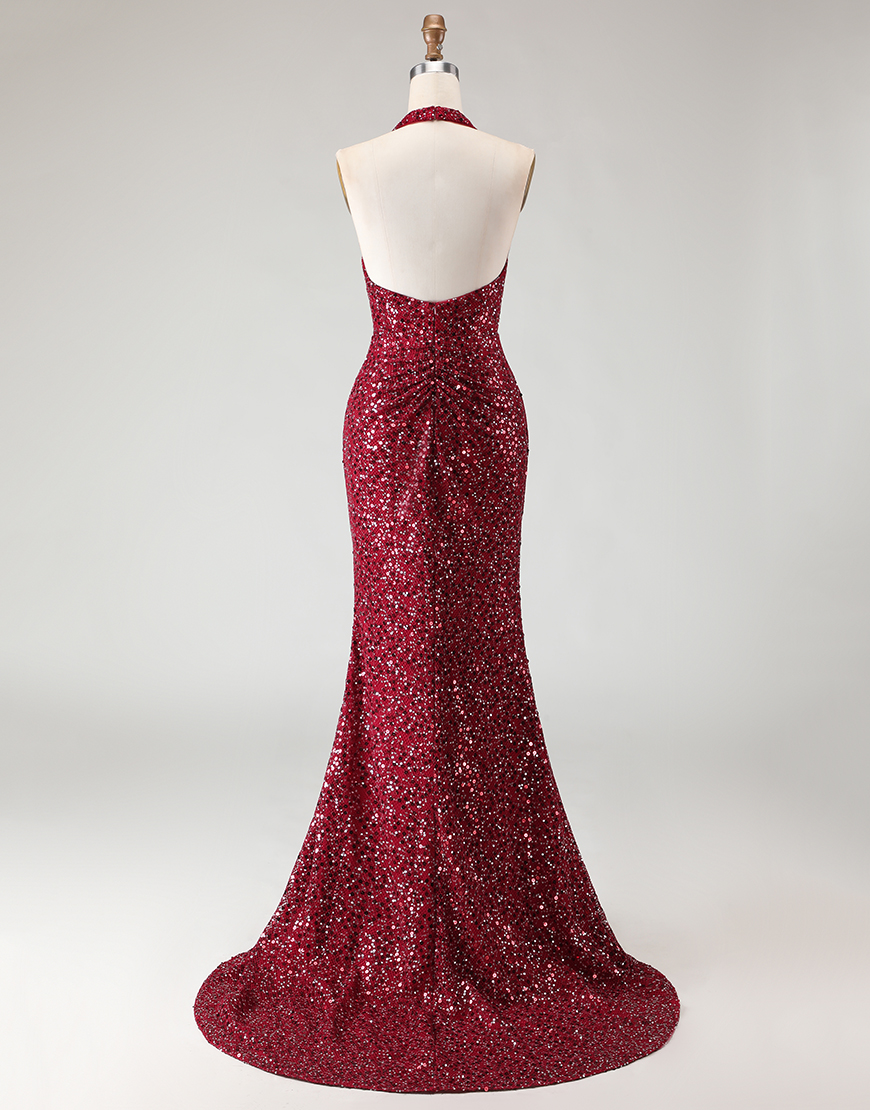 Sparkly Burgundy Sequin Mermaid Halter Neck Long Prom Dress with Slit