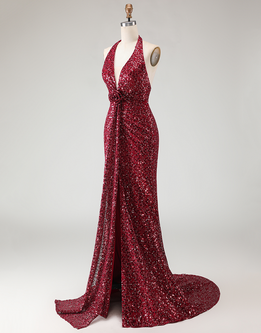 Sparkly Burgundy Sequin Mermaid Halter Neck Long Prom Dress with Slit