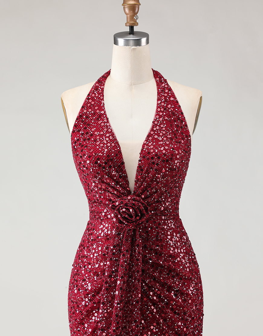 Sparkly Burgundy Sequin Mermaid Halter Neck Long Prom Dress with Slit