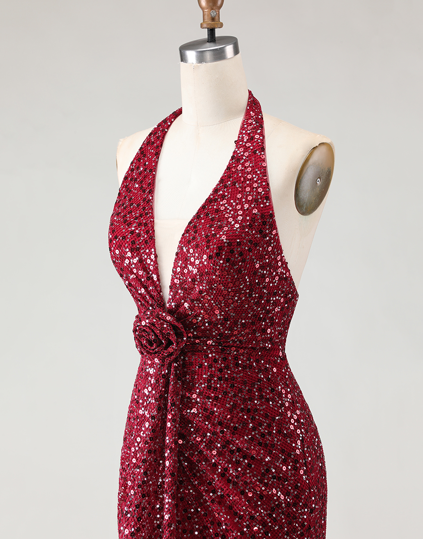 Sparkly Burgundy Sequin Mermaid Halter Neck Long Prom Dress with Slit