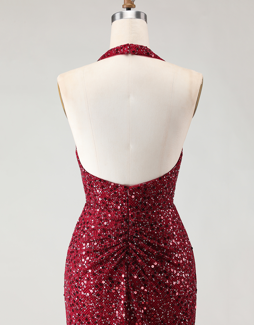 Sparkly Burgundy Sequin Mermaid Halter Neck Long Prom Dress with Slit