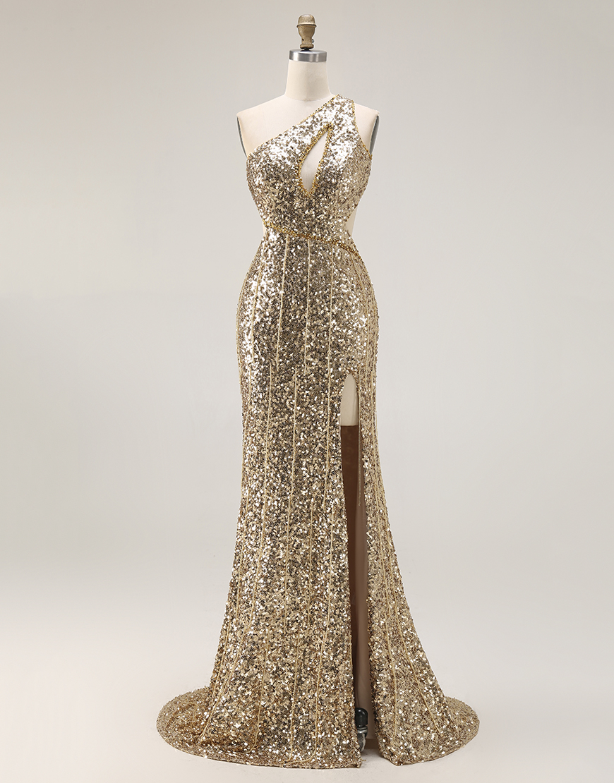 Sparkly Gold One Shoulder Sequins Keyhole Mermaid Long Prom Dress with Slit