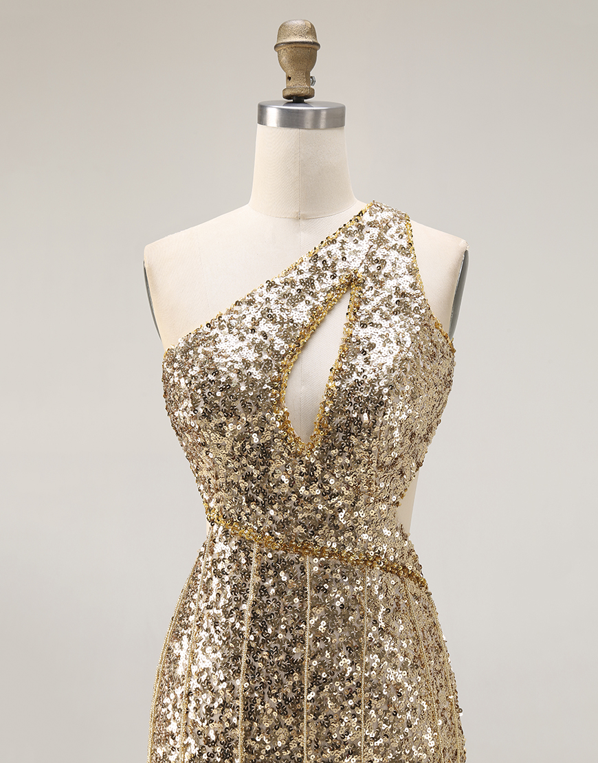 Sparkly Gold One Shoulder Sequins Keyhole Mermaid Long Prom Dress with Slit
