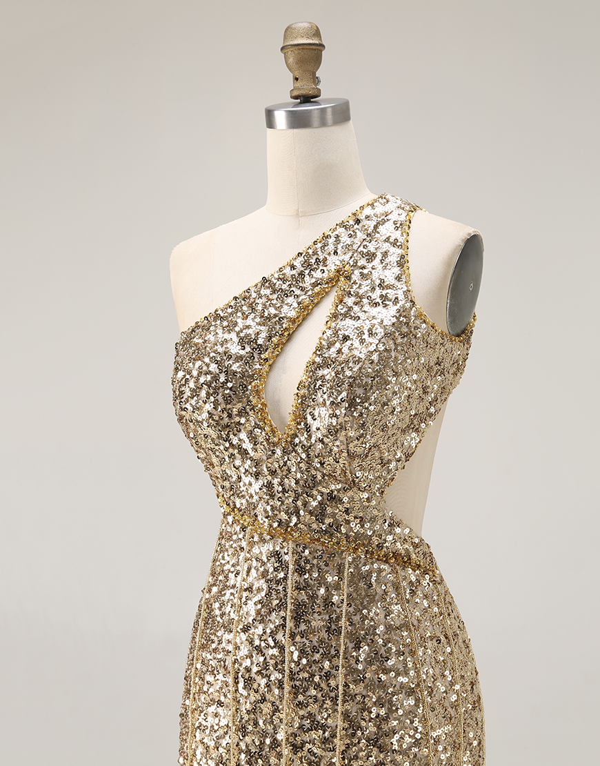 Sparkly Gold One Shoulder Sequins Keyhole Mermaid Long Prom Dress with Slit