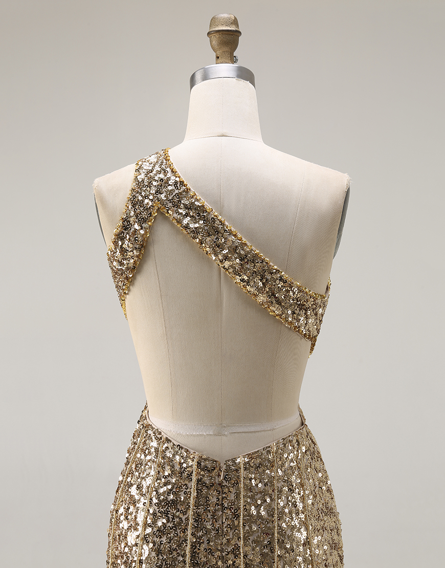 Sparkly Gold One Shoulder Sequins Keyhole Mermaid Long Prom Dress with Slit