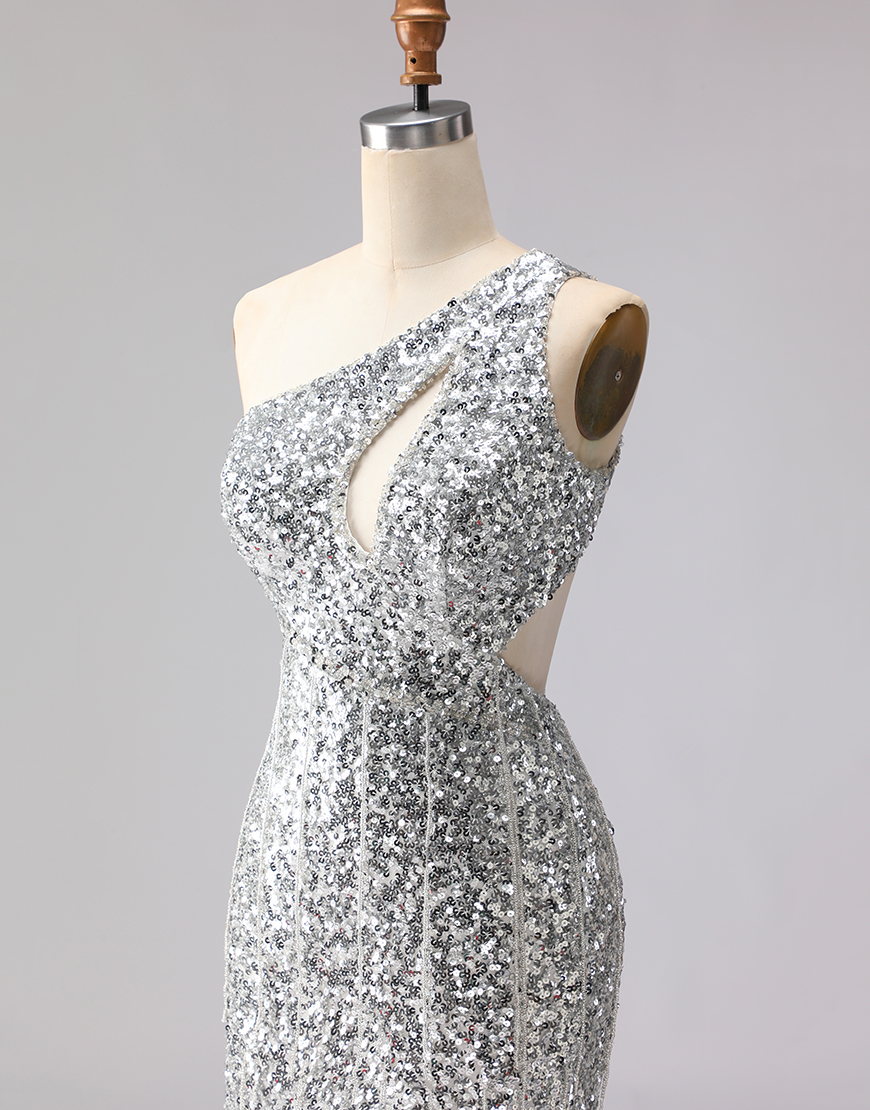 Sparkly Silver Mermaid Sequins One Shoulder Long Prom Dress with Slit