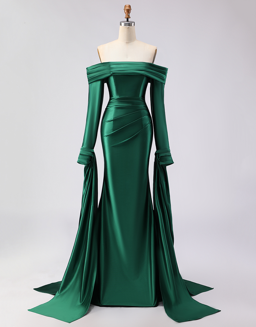 Dark Green Satin Off the Shoulder Mermaid Long Prom Dress with Sleeves