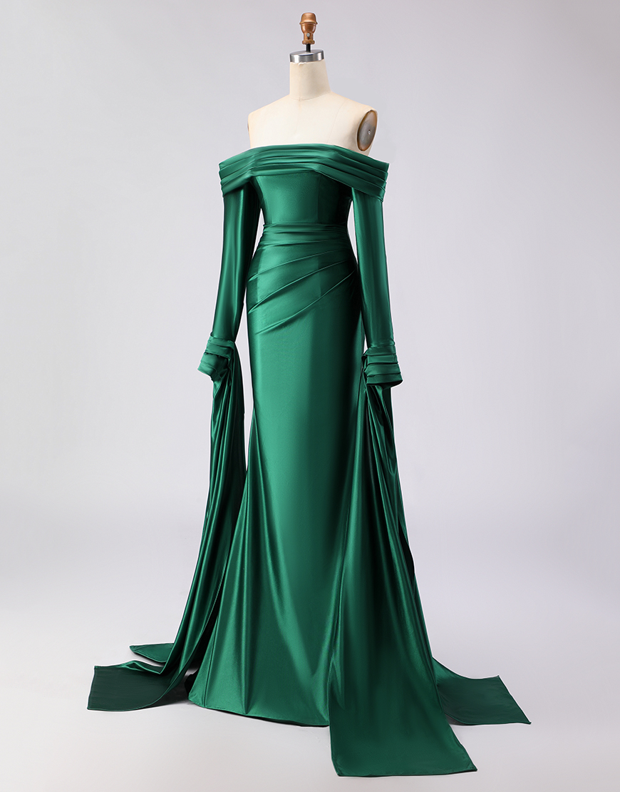 Dark Green Satin Off the Shoulder Mermaid Long Prom Dress with Sleeves
