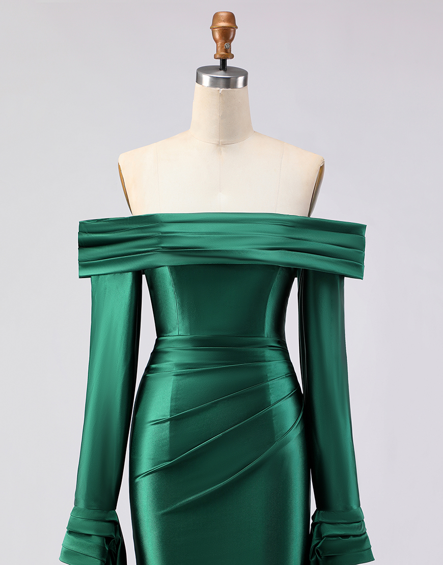 Dark Green Satin Off the Shoulder Mermaid Long Prom Dress with Sleeves