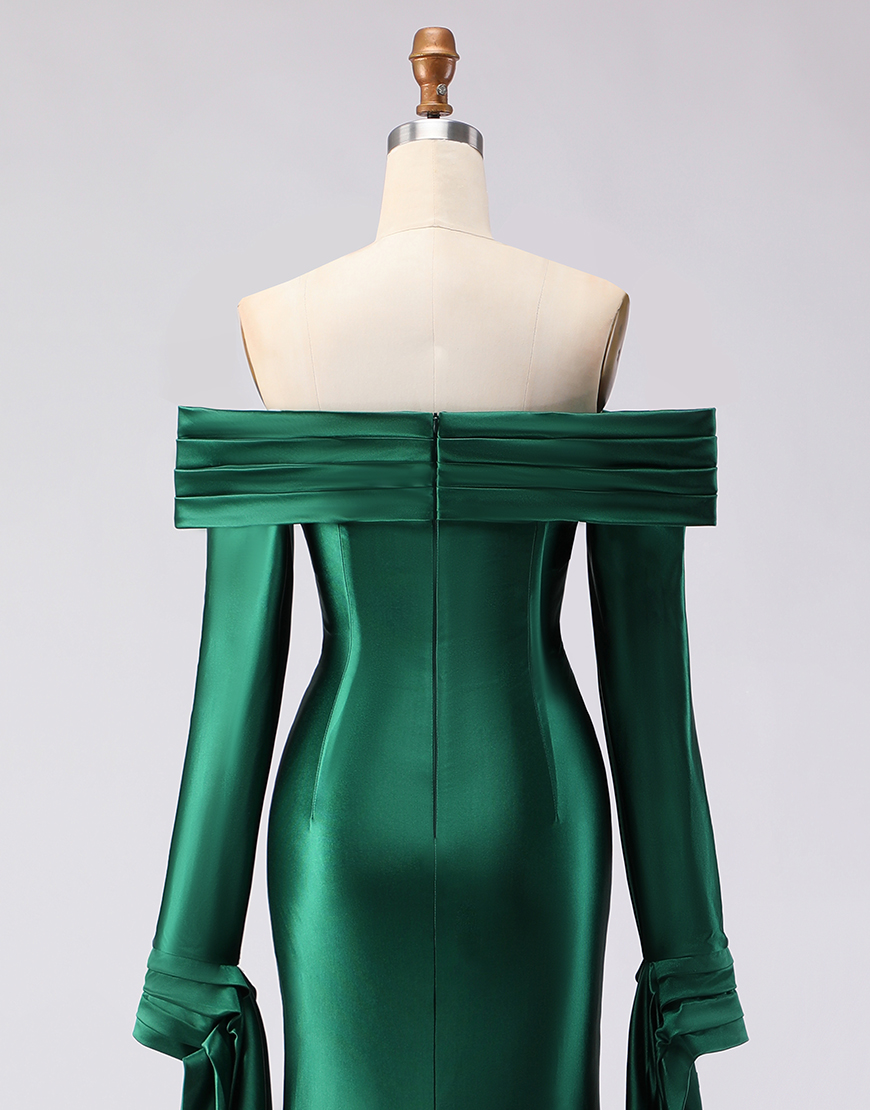 Dark Green Satin Off the Shoulder Mermaid Long Prom Dress with Sleeves