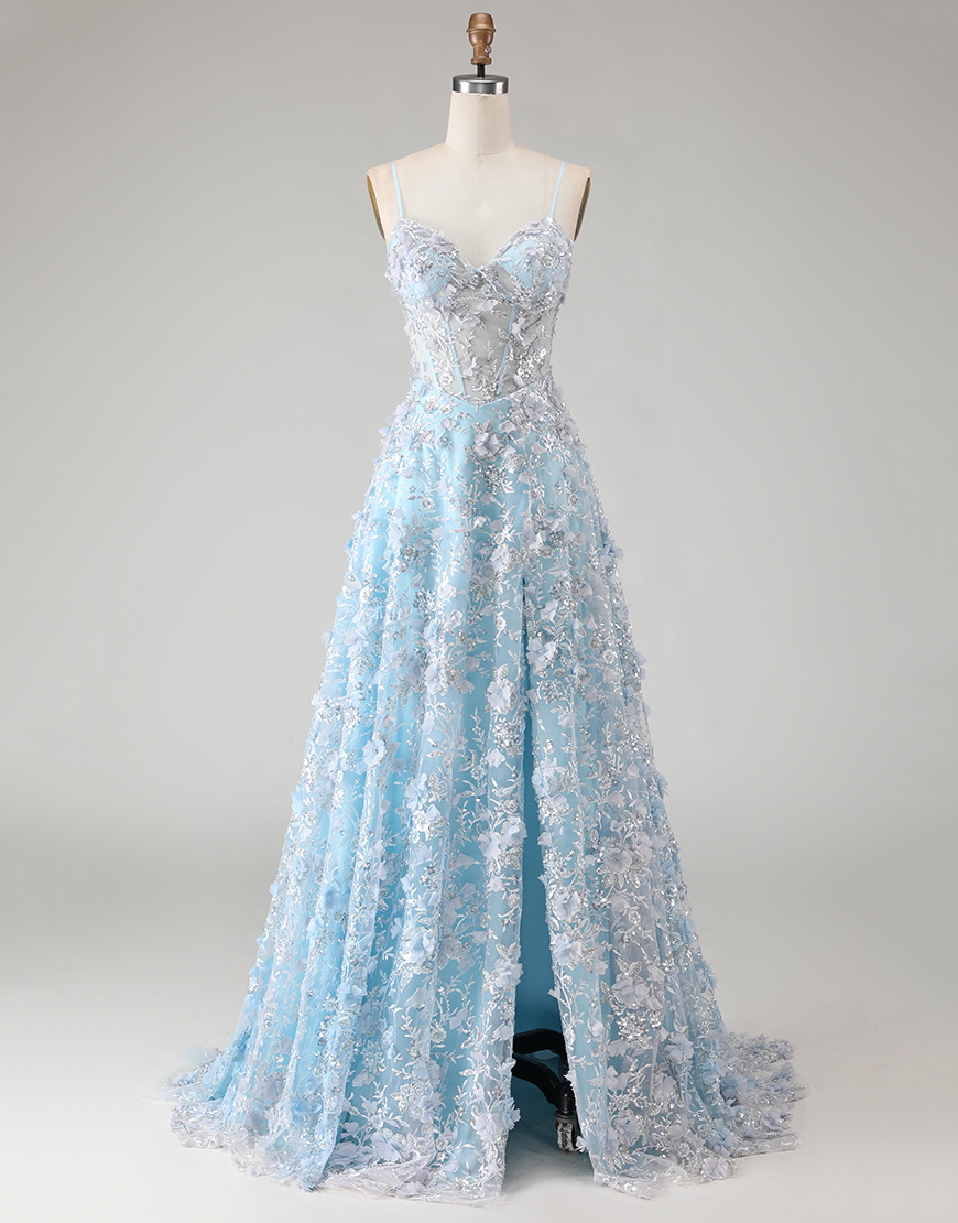 Sparkly Floral Blue Beaded Corset Long A Line Prom Dress with Slit