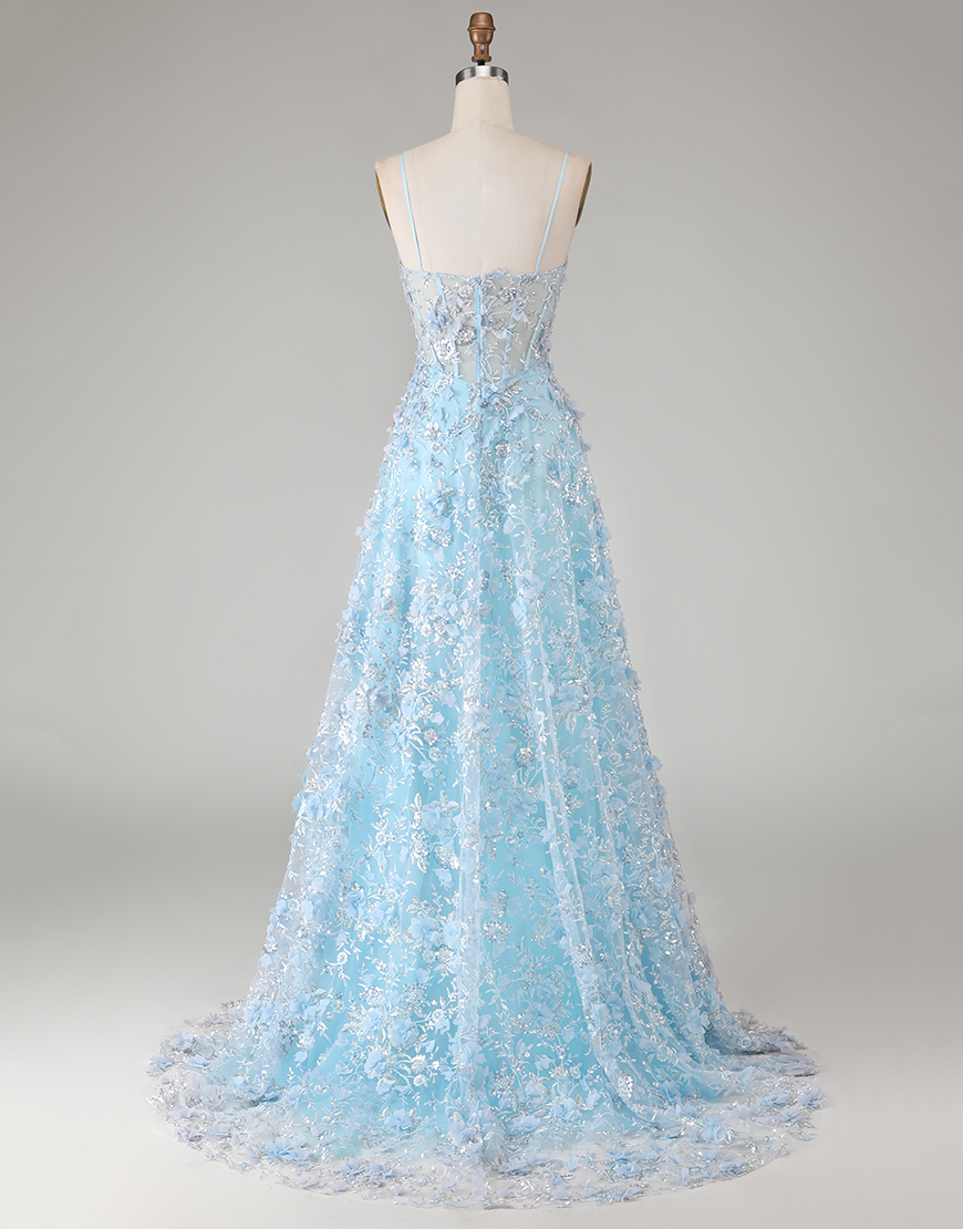 Sparkly Floral Blue Beaded Corset Long A Line Prom Dress with Slit