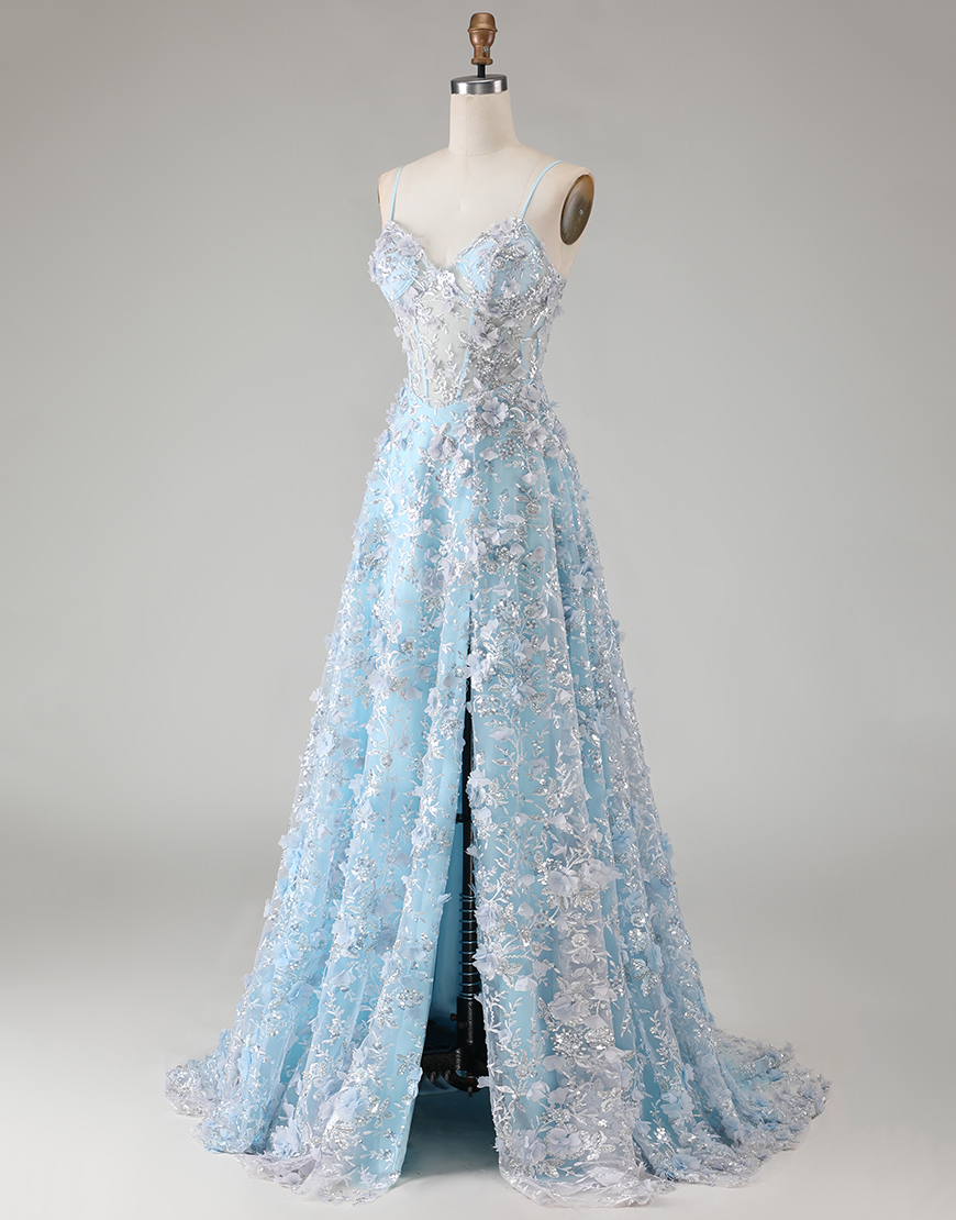 Sparkly Floral Blue Beaded Corset Long A Line Prom Dress with Slit