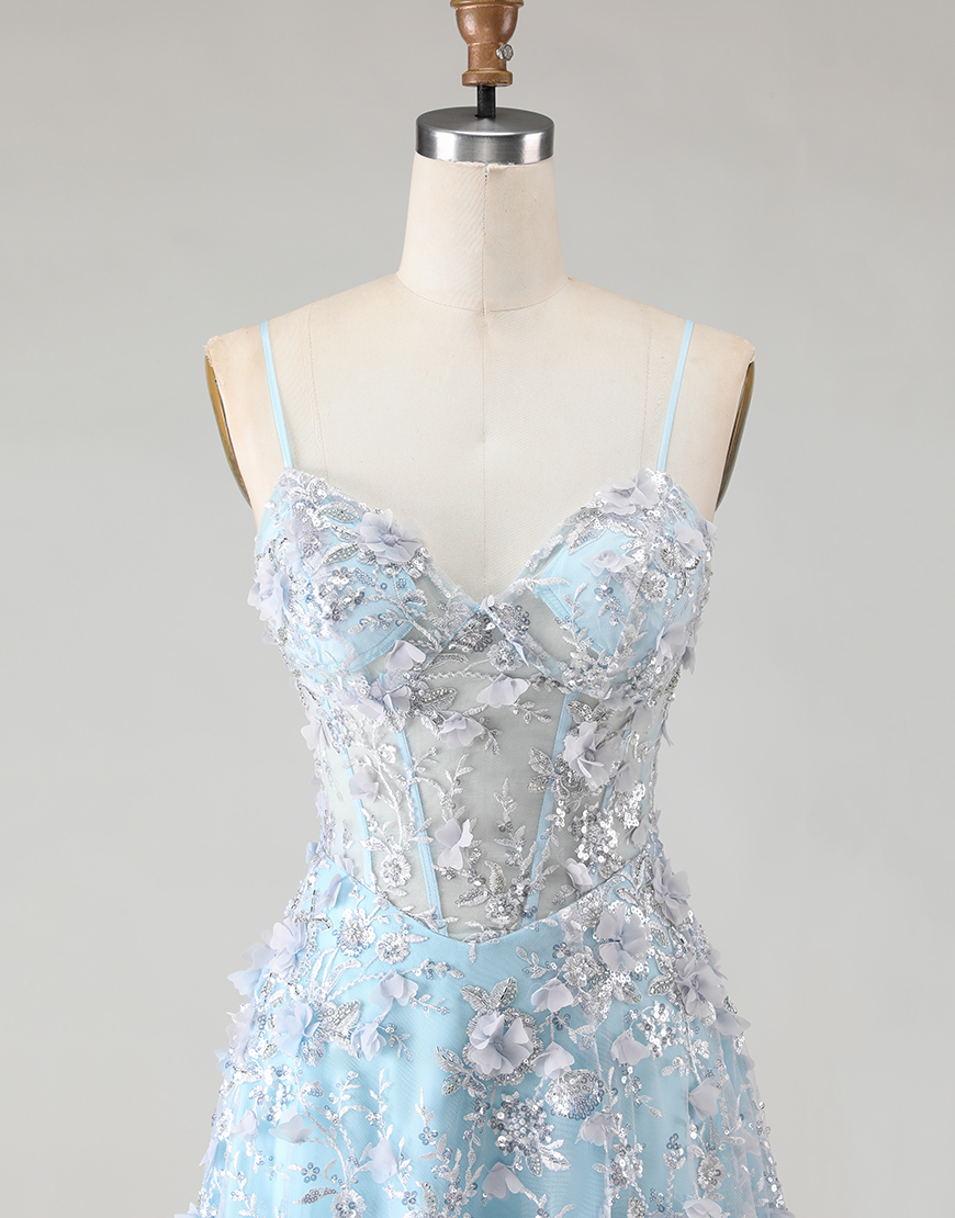 Sparkly Floral Blue Beaded Corset Long A Line Prom Dress with Slit
