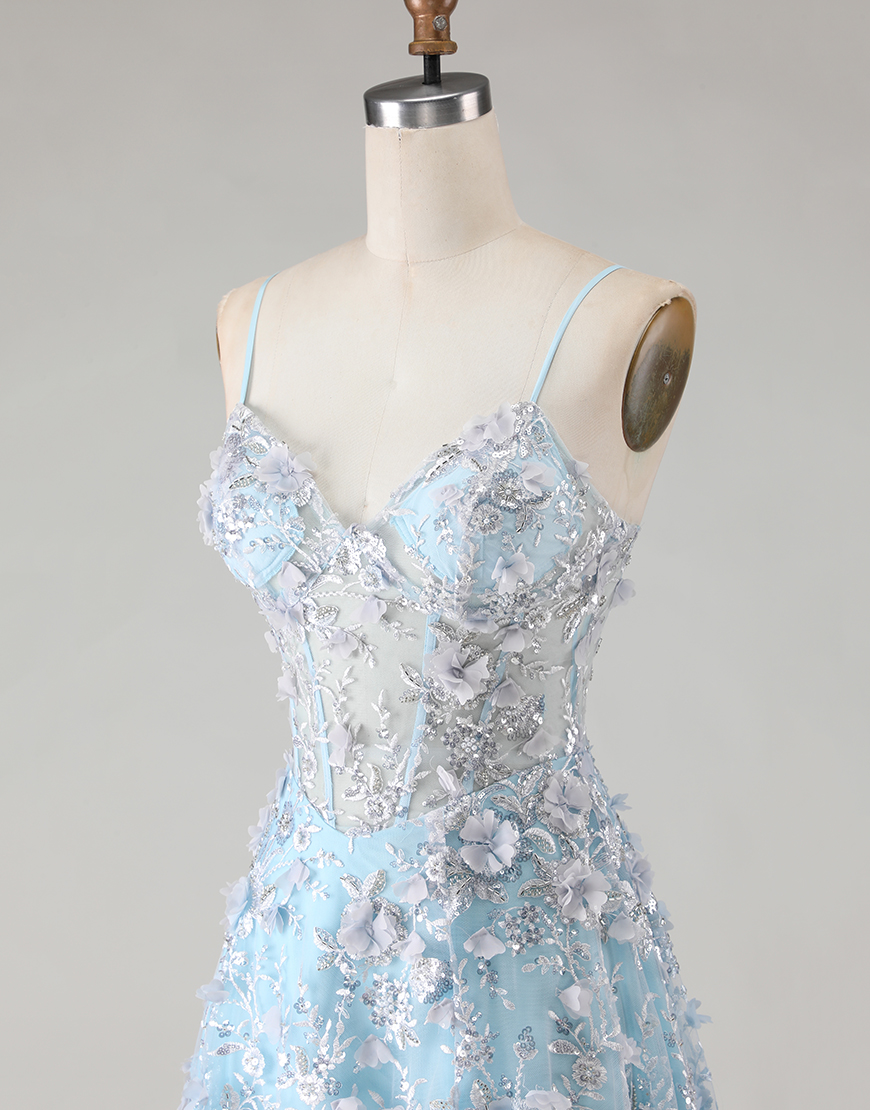 Sparkly Floral Blue Beaded Corset Long A Line Prom Dress with Slit