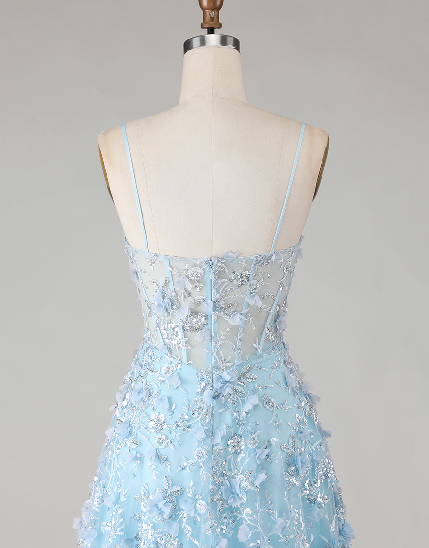 Sparkly Floral Blue Beaded Corset Long A Line Prom Dress with Slit
