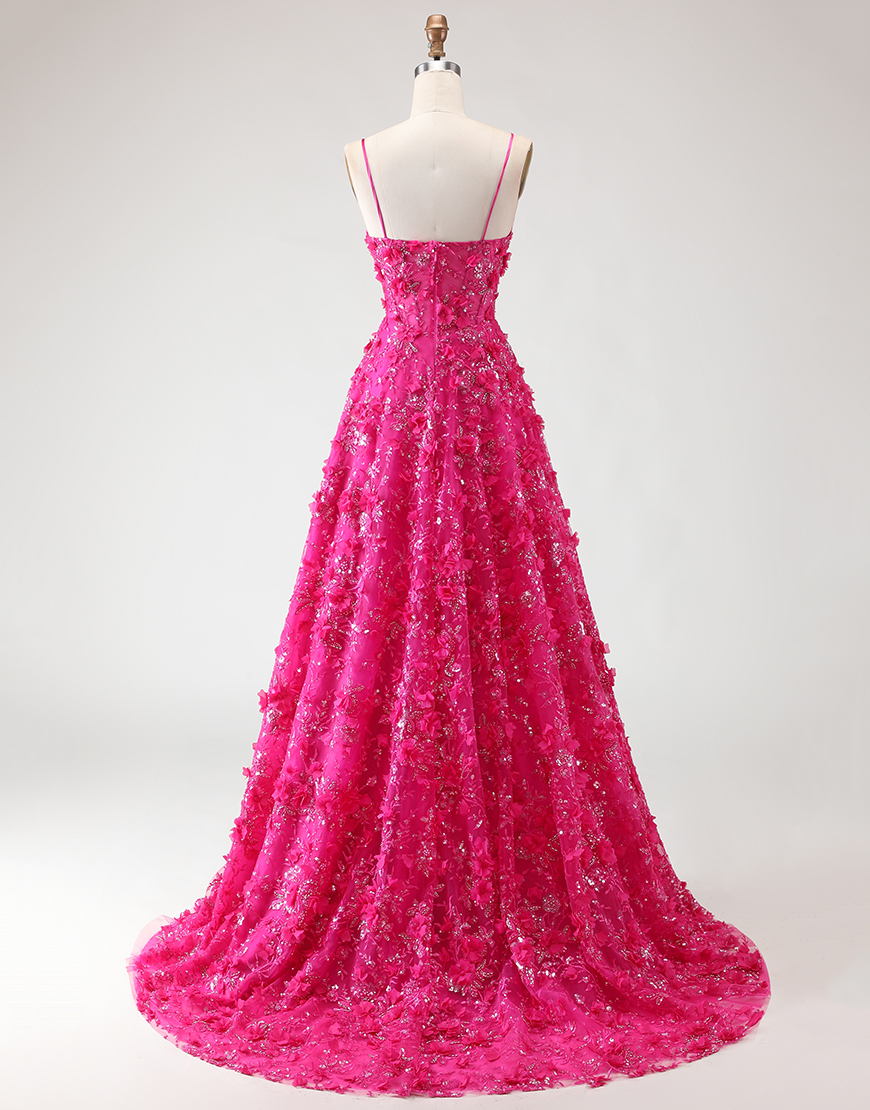Sparkly Fuchsia Beaded Floral Corset A-Line Long Prom Dress with Slit