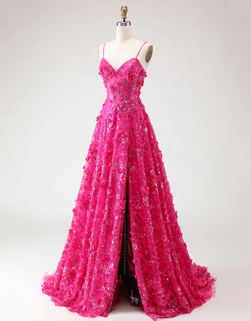 Sparkly Fuchsia Beaded Floral Corset A-Line Long Prom Dress with Slit